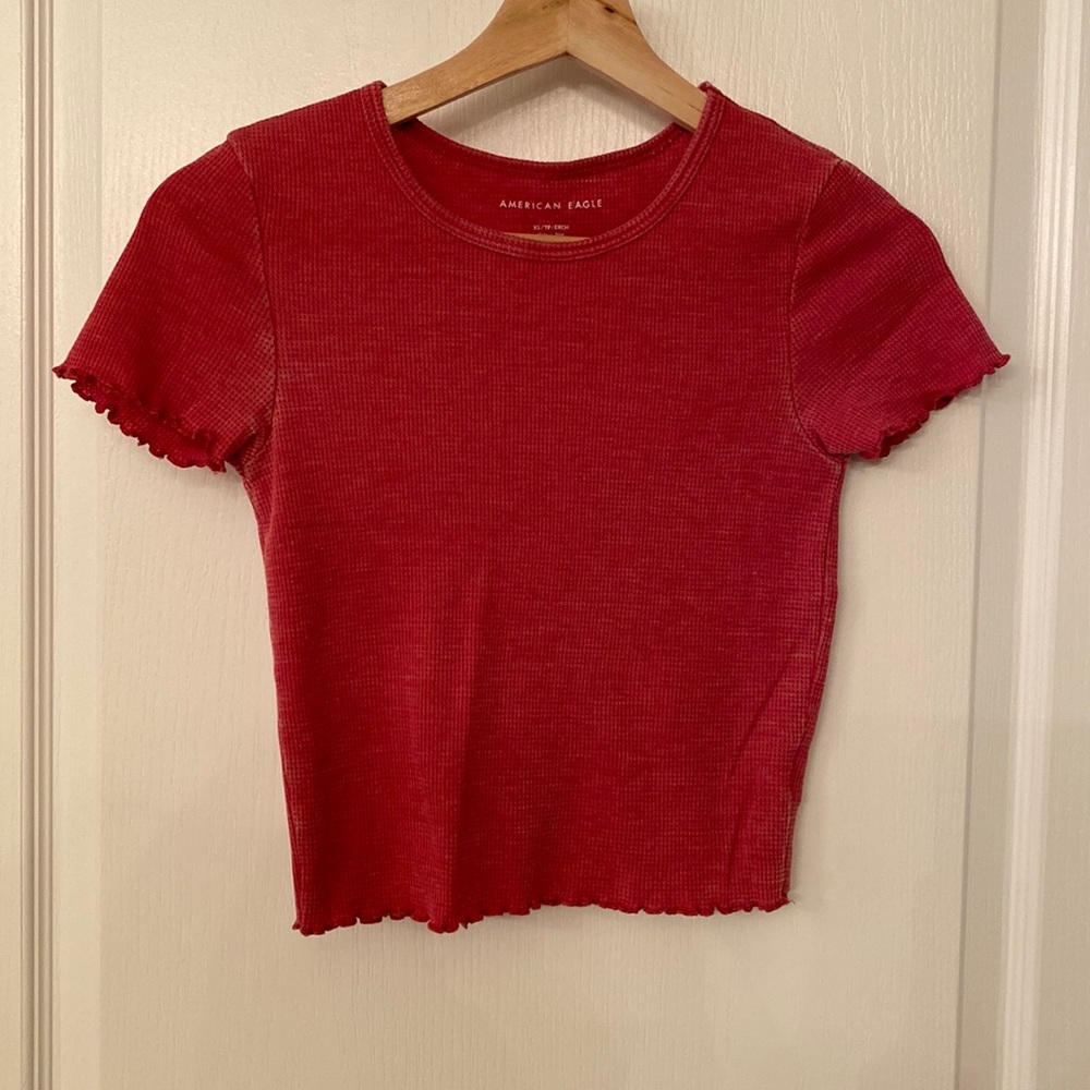 American Eagle distressed faded red shirt sleeve shirt